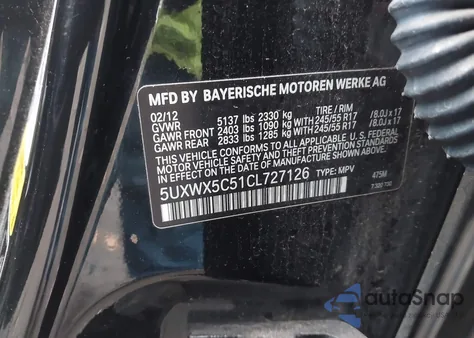 2012 BMW X3 xDrive28I from USA, damaged, VIN 5UXWX5C51CL727126